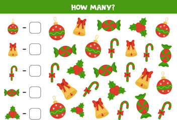 Counting game with cartoon Christmas items. Math worksheet.