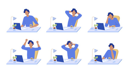 Businessman at the desktop with different emotions