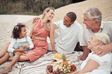 Interracial couple, girl or family picnic on beach with parents, children or grandparents by sea or...
