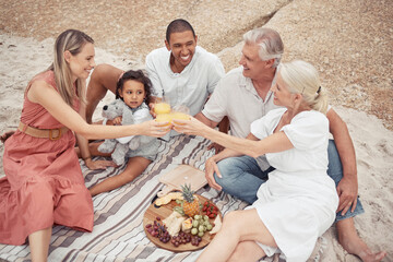 Interracial, family and picnic toast on the beach and smile with some food with snacks. Happy...