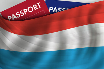 Luxembourg flag background and passport of Grand Duchy of Luxembourg. Citizenship, official legal immigration, visa, business and travel concept.