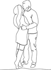 Fototapeta na wymiar One continuous, single line drawing of a woman and a man. Hugs of a young couple, lovers, woman and man. Doodles. Romantic.