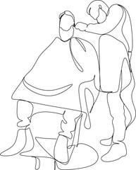 Single continuous line drawing attractive classy dressed barber shop hairdresser is turning client`s head to present his work for him. Hairdo looks trendy and so perfect. Dynamic one line draw graphic