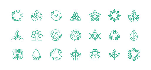 Vector simple line icons and illustration, eco, bio and organic packaging badges, ecological, environment friendly and sustainable development, fresh natural ingredients cosmetics and products