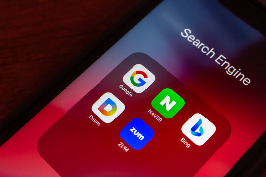 Vancouver, CANADA - Nov 7 2022 : South Korea&rsquo;s popular internet search engine and web portal icons (Google, Naver, Bing, Daum and Zum) on an iPhone.