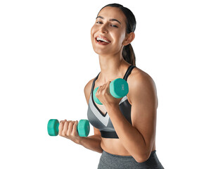 Studio portrait of a sporty young woman exercising with dumbbells againsti solated on a transparent...