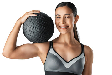 Studio portrait of a sporty young woman holding a medicine ball isolated on a transparent png...