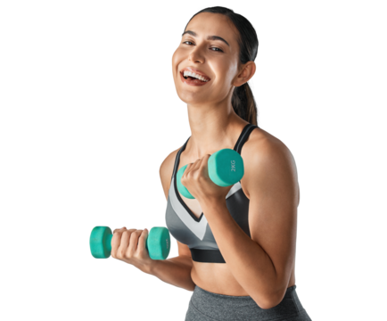 Studio portrait of a sporty young woman exercising with dumbbells againsti solated on a transparent png background