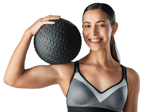 Studio portrait of a sporty young woman holding a medicine ball isolated on a transparent png background - Powered by Adobe