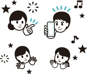 スマートフォンと家族のアイコンイラスト素材セット