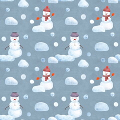 Seamless winter pattern on a grey background. Hand drawn watercolor snowmen, snow, snowfall, snowdrifts, winter weather. For the design of children's fabrics, Christmas gifts and wrapping paper.