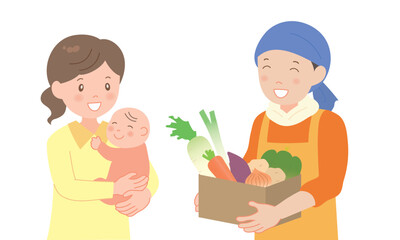 冬野菜の段ボールを持つ男性と母子 