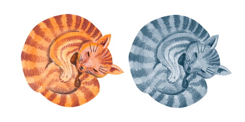 Hand-drawn watercolor illustration. Sleeping red and grey striped cats isolated on a white background. For children textile design.