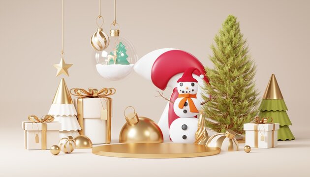 Christmas backgrounds with podium stage platform in minimal New year event theme. Merry Christmas scene for product display mock up banner. Empty stand pedestal decor in Xmas winter scene. 3D render.