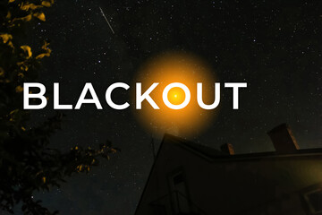 Blackout – power grid overloaded. Blackout concept. Earth hour. Burning flame candle and power lines on background. Energy crisis. Dark starry night