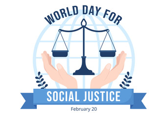 World Day of Social Justice on February 20 with Scales or Hammer for a Just Relationship in Flat Cartoon Hand Drawn Templates Illustration