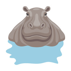 Hippo sitting in water cartoon illustration. African animal sitting, swimming in lake or river and standing on white background
