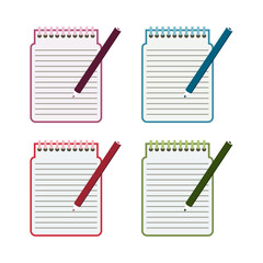 Vector image of a notepad and pencil in four color combinations.