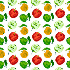 Multicolored apple seamless pattern for fabric design. Green apples textile ornament. Fruit background for Vegan banner, label juice. Red apple drawings for jam packaging. Hand-drawn wallpaper.