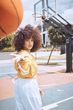 Sport, Fitness And Training Basketball Player Catch Ball, Looking Confident And Tough On Court. Portrait Sporty Woman Enjoying Time Outdoors With Favorite Hobby, Spending Weekend On Healthy Activity