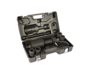 Black metal handy mechanic wrench with head bits to fix trucks in plastic case isolated on white background. Tools and wrenches