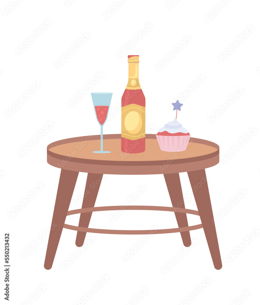 Poster champagne and cupcake on small table semi flat color vector objects. editable elements. full sized i