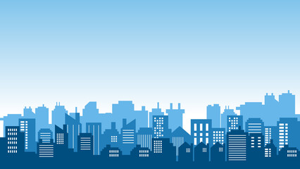 City silhouette tall buildings with blue sky