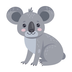 Gray fluffy koala sitting, cartoon illustration. Adorable Australian bear isolated on white