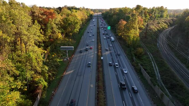 Aerial of highway in USA. Route 202 near Philadelphia Villanova highway sign.