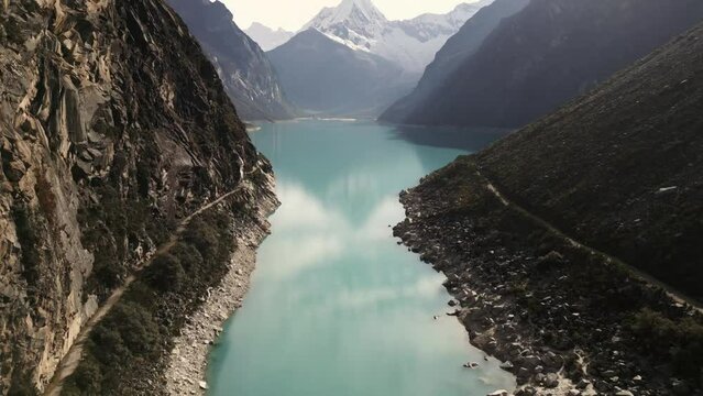 Lake Paron Peruvian Andes Aerial Drone Between Mountains, Peru Crystalline Water Andean Cordillera Blanca, Huascaran National Park