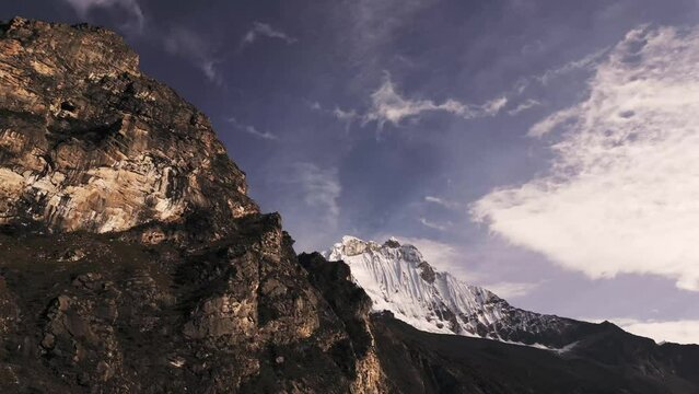Calm Mountain Peak in Clouds Aerial Above Andean Cordillera Sky Paron Lake Peru Picturesque Latin American Trekking, Laguna Natural, Top Attraction Huascaran Hiking