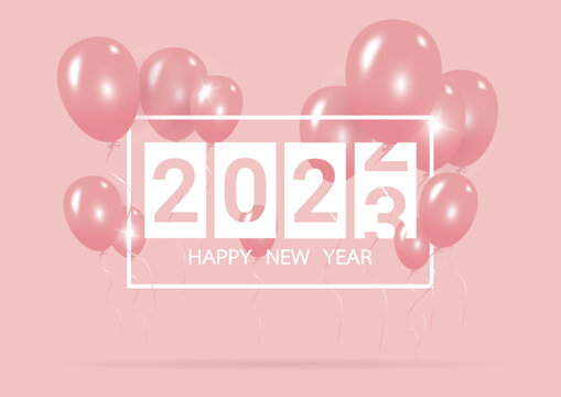 Happy new year 2023 with creative pink balloon concept on pastel pink background for copy space. minimal concept. Vector Illustration