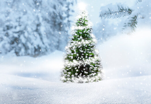 Leuchtender Weihnachtsbaum in einem verschneiten winterwald
