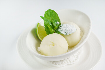 lime sorbet on the white bowl