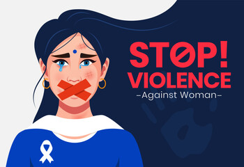 Stop violence landing vector concept. Indian woman crying, female victims of domestic abuse, speaking about suffering from gender-based physical and mental violence is censored. Sexual harassment.