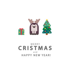 christmas card with christmas tree, elk, gift box