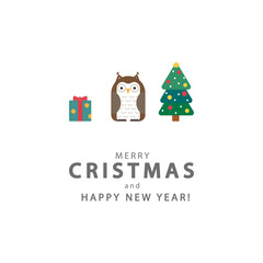 christmas card with christmas tree, owl, gift box