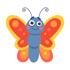 Lovely tropical butterfly. Cute cartoon insect. Vector illustration of forest or garden animal, funny bug character isolated on white