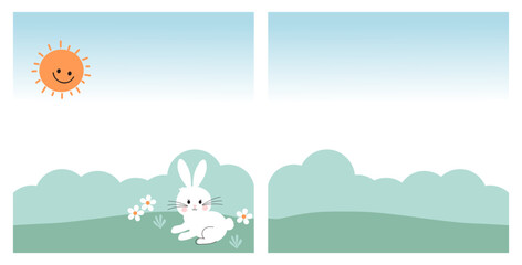 Fototapeta na wymiar Easter cards with green grass, sun cartoon, daisy flower and rabbit on blue sky background vector.