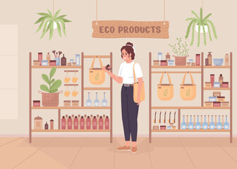 Shopping for eco products flat color vector illustration. Organic cosmetics purchase. Fully editable 2D simple cartoon character with store interior on background. Nerko One Regular font used