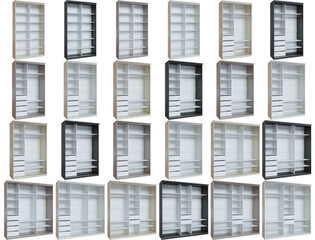 3d sliding wardrobes, case with shelves, without doors, five colors of wood, on a transparent background