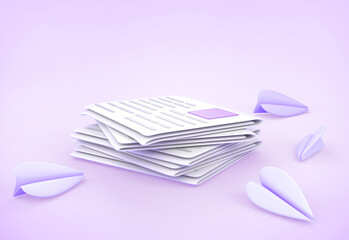 Stack of newspaper with paper planes on purple background 3d render. Concept of news, sending email or message in social media. Daily paper press with headline, article. Cartoon icons
