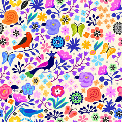 A pattern of fabulous flowers and birds in lilac tones. On a light yellow background.