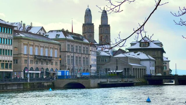 Riverside view of the blue tram on Limmatquai, Zurich, Switzerland