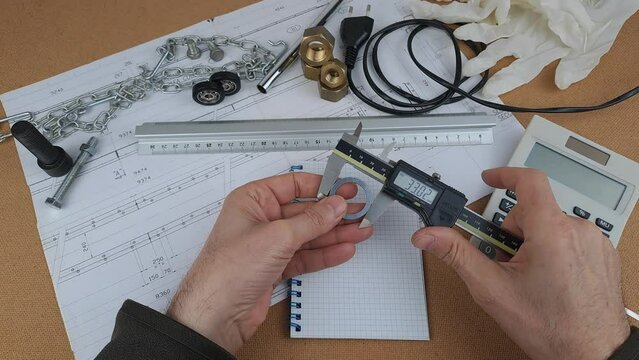 Measuring equipment with caliper of shim - Notebook, white squared paper.