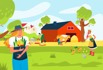 Modern agricultural organic farm place, people farmer together cultivation harvest plants flat vector illustration, country household.