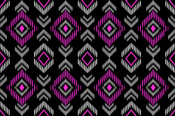 Ikat Aztec ethnic ornament seamless pattern. Design with geometric ikat, folk embroidery, indian, scandinavian, gypsy, mexican, african rug, ikat wallpaper background.