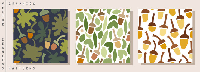 Trendy seamless patterns. Contemporary ornament of oak leaves, branches and acorns. Fun and simple kids graphics. Vector template © vectornaya