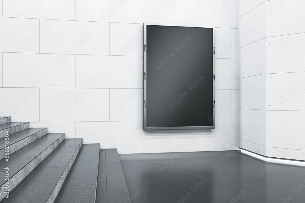 Poster Empty black mock up frame in underground with stairs. Commercial ad concept. 3D Rendering.