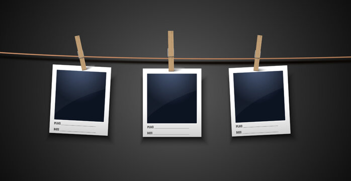 3d realistic vector illustration. Photo frames hanging on the rope. Memory board.